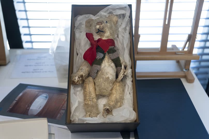 A teddy bear is displayed in a textiles conservation lab during the inauguration of The Moshal Shoah Legacy Campus and The David and Fela Shapell Family Collections Center