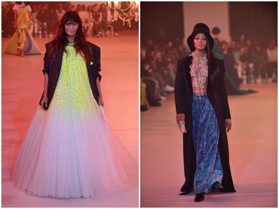 Helena Christensen (left) and Naomi Campbell (right) take the Off-White runway (Getty)