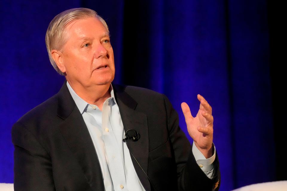 Sen. Lindsey Graham, R-S.C., addresses business leaders during a congressional conversation sponsored by the South Carolina Chamber of Commerce on Aug. 18.