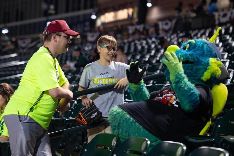 Mason, as performed by The State reporter Chris Trainor, entertains fans at Segra Park as the Fireflies play the Pelicans on Thursday, April 11, 2024. Joshua Boucher/jboucher@thestate.com