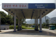 FILE - In this Sept. 1, 2011, file photo, a South Korean invested gas station appears deserted in the Mount Kumgang resort, also known as Diamond Mountain, in North Korea. North Korean leader Kim Jong Un has ordered the destruction of South Korean-made hotels and other tourist facilities at the North's Diamond Mountain resort, apparently because Seoul won't defy international sanctions and resume South Korean tours at the site, Pyongyang's official Korean Central News Agency said Wednesday, Oct. 23, 2019. (AP Photo/Ng Han Guan, File)