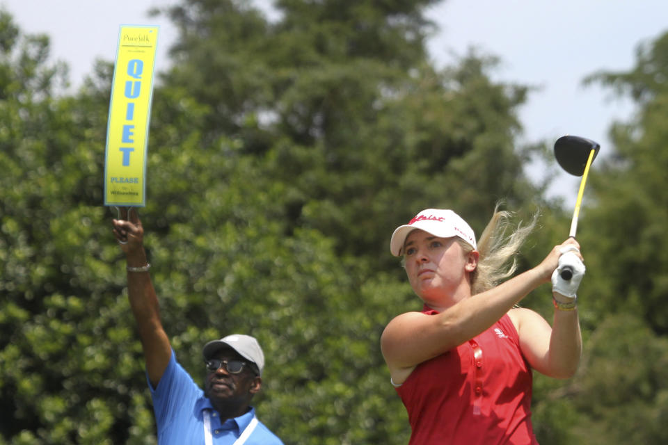 Bronte Law tees off on the ninth hole during the LPGA Tour golf tournament at Kingsmill Resort, Thursday, May 23, 2019, in Williamsburg, Va. (Sarah Holm/The Daily Press via AP)