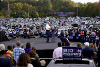 Democratic presidential candidate former Vice President Joe Biden speaks at a drive-in rally at Cellairis Amphitheatre in Atlanta, Tuesday, Oct. 27, 2020. (AP Photo/Andrew Harnik)