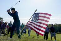 Team USA's Patrick Cantlay hits on the 10th hole during a four-ball match the Ryder Cup at the Whistling Straits Golf Course Friday, Sept. 24, 2021, in Sheboygan, Wis. (AP Photo/Charlie Neibergall)
