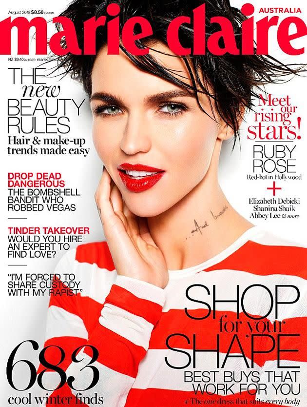 Ruby Rose on the cover of the August edition of marie claire Australia.