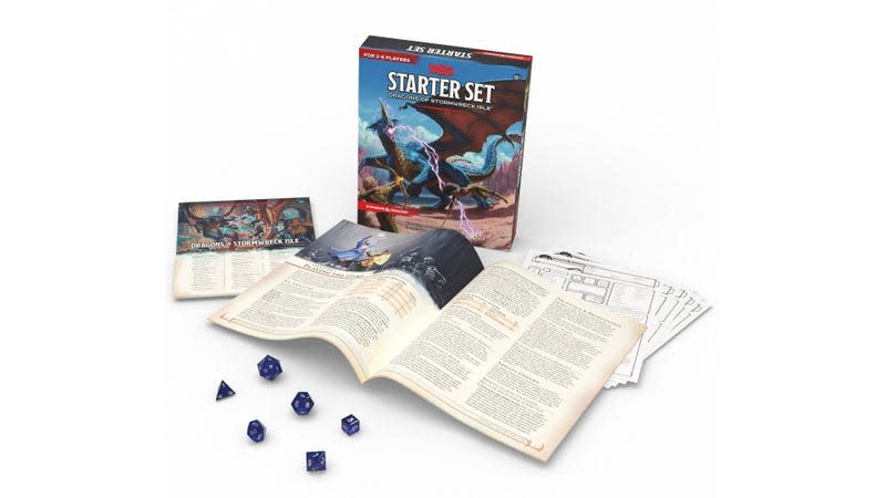 Contents of a Dungeons and Dragons starter set include dice, books, and character sheets.