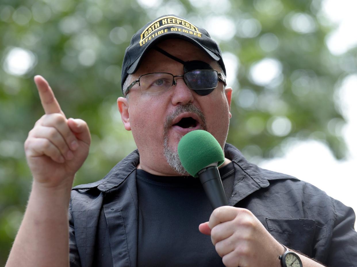 Stewart Rhodes, founder of the citizen militia group known as the Oath Keepers speaks during a rally outside the White House in Washington, on June 25, 2017.