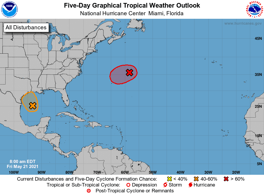 Two separate storms could form over the next day or so in the Atlantic Ocean (in red) and in the Gulf of Mexico (in orange), the National Hurricane Center said.