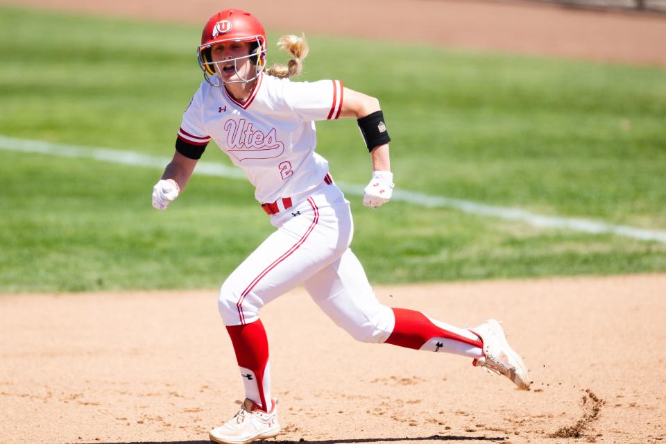 Utah infielder Ellessa Bonstrom (2) runs during an NCAA softball game between Utah and UCLA at Dumke Family Softball Stadium in Salt Lake City on April 29, 2023. | Ryan Sun, Deseret News