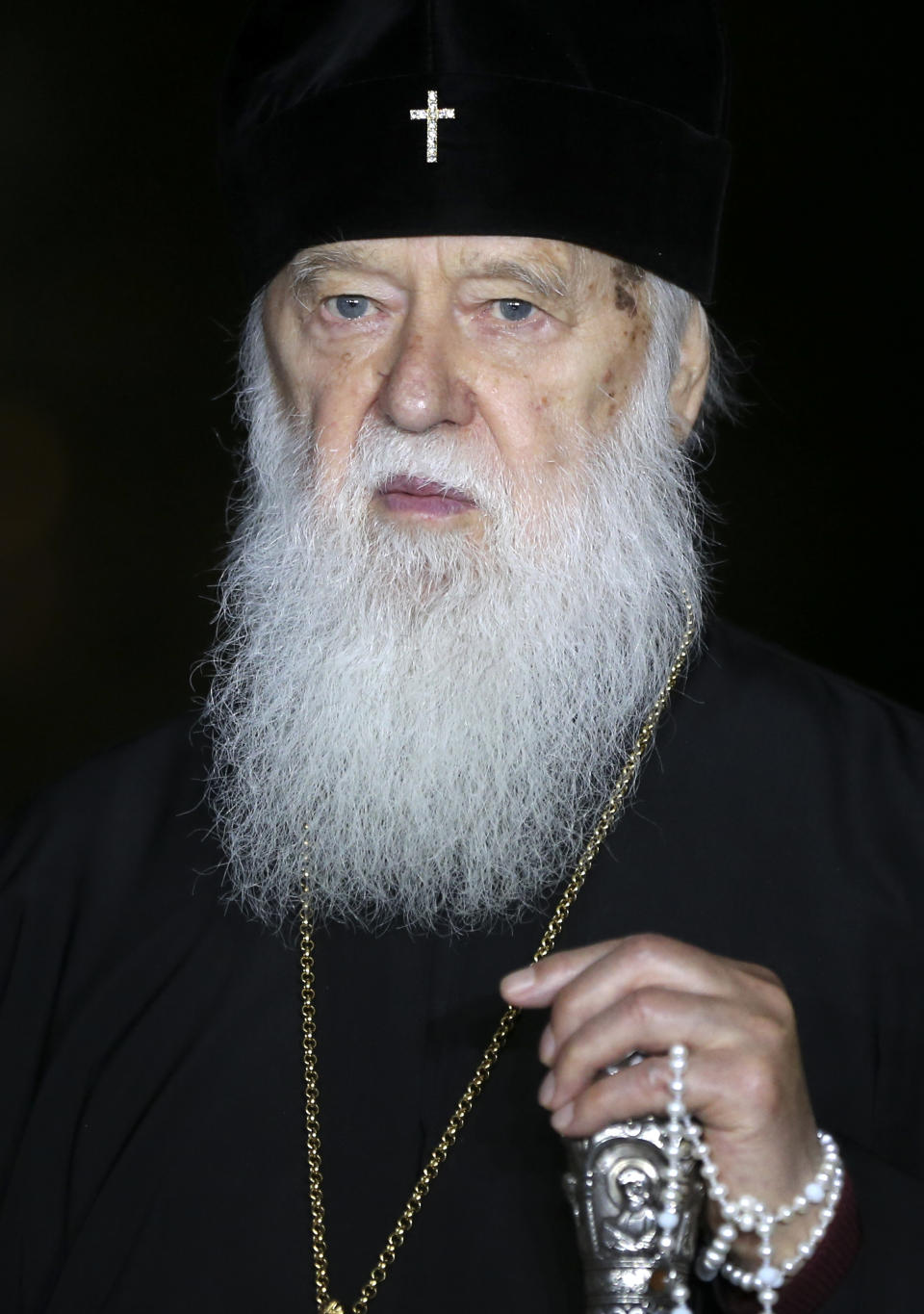 Patriarch Filaret, head of the Ukrainian Orthodox Church of the Kiev Patriarchate, speaks during a news briefing in Kiev, Ukraine, Thursday, Oct. 11, 2018. The Istanbul-based Ecumenical Patriarchate says it will move forward with its decision to grant Ukrainian clerics independence from the Russian Orthodox Church. (AP Photo/Efrem Lukatsky)