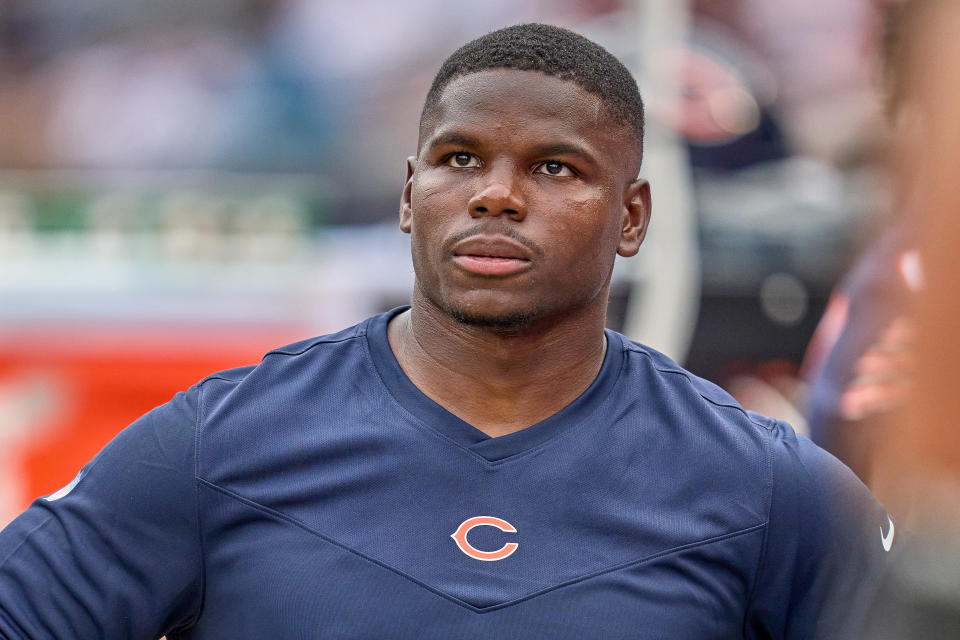 CHICAGO, IL - AUGUST 21: Chicago Bears running back Tarik Cohen (29) looks on during a preseason game between the Chicago Bears and the Buffalo Bills on August 21, 2021 at Soldier Field in Chicago, IL. (Photo by Robin Alam/Icon Sportswire via Getty Images)