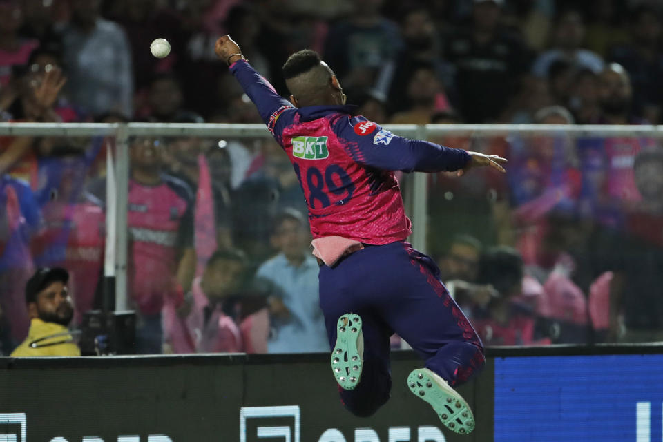 Rajasthan Royals' Shimron Hetmyer tries to catch a ball at the boundary during the Indian Premier League cricket match between Rajasthan Royals and Sunrisers Hyderabad in Jaipur, India, Sunday, May 7, 2023. (AP Photo/Surjeet Yadav)
