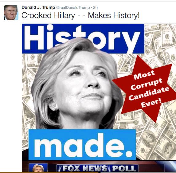 Trump received&nbsp;criticism for featuring the six-pointed star associated with Judaism in a tweet about Hillary Clinton's corruption. (Photo: THE HUFFINGTON POST)