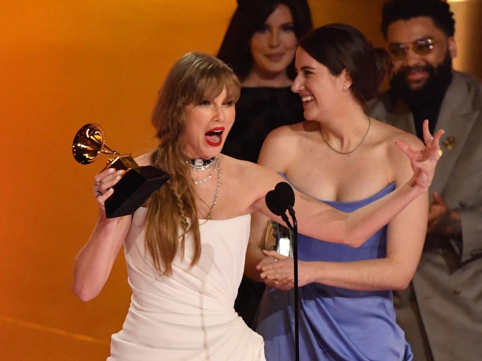 Taylor Swift accepts the Album Of The Year award for "Midnights" at the 2024 Grammy Awards