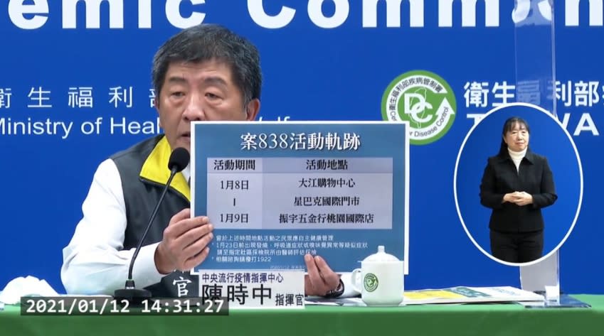 疫情指揮中心12日宣布新增2例為本土，為北部某醫院醫師及其護理師女友，指揮官陳時中公布疫調已知足跡。（圖取自衛生福利部疾病管制署YouTube頻道）