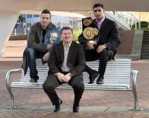 British boxer WBA Super Lightweight World Champion Amir Khan (right) poses with Northern Ireland's Paul McCloskey and promotor Ricky Hatton during a photocall. Former world champion Hatton says he has put his drugs, drink and depression nightmare behind him as he relishes his new life outside the ring as a promoter