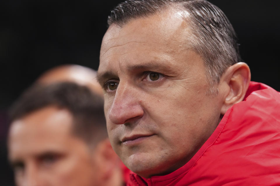FILE - U.S. coach Vlatko Andonovski watches during the Women's World Cup round of 16 soccer match between Sweden and the United States in Melbourne, Australia, Aug. 6, 2023. Andonovski has resigned, a person familiar with the decision told The Associated Press on Wednesday, Aug. 16. The move comes less than two weeks after the Americans were knocked out of the Women's World Cup earlier than ever before. (AP Photo/Scott Barbour, File)