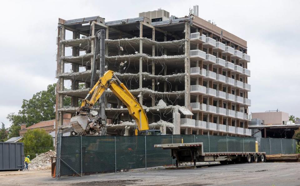 The DoubleTree hotel at 1707 Hillsborough Street is demolished to make way for new N.C. State student housing on Sept. 29, 2023 in Raleigh. Originally constructed as a Holiday Inn in 1966, the hotel was also named The Brownstone for a period of time.