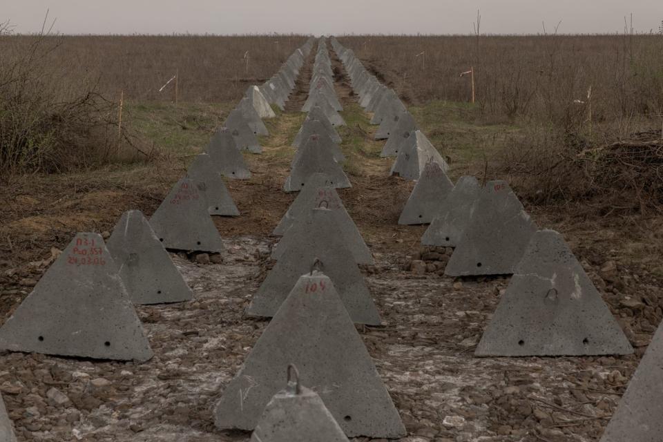 "Dragon's teeth" fortifications near the town of Chasiv Yar, Donetsk region, on April 2, 2024, amid Russia's invasion on Ukraine. The eastern city of Chasiv Yar is facing a "difficult and tense" situation, a Ukrainian army official said on March 25, 2024. If Russia took Chasiv Yar, it could step up attacks on the strategic city of Kramatorsk, which is already facing growing bombardment. (Roman Pilipey/AFP via Getty Images)