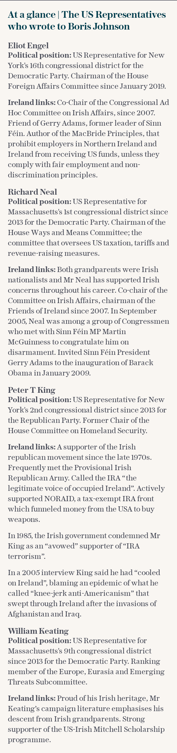 At a glance | The US Representatives who warned Boris Johnson about the Internal Markets Bill