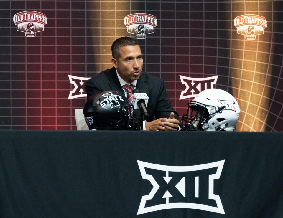Iowa State coach Matt Campbell speaks with reporters Thursday on Day 2 of Big 12 Media Days in AT&T Stadium in Arlington, Texas.