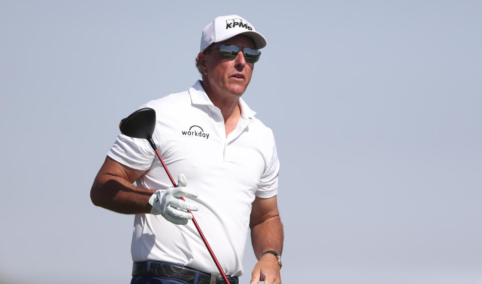 AL MUROOJ, SAUDI ARABIA - FEBRUARY 05: Phil Mickelson of The USA tees off the 14th hole during day three of the PIF Saudi International at Royal Greens Golf & Country Club on February 05, 2022 in Al Murooj, Saudi Arabia. (Photo by Oisin Keniry/Getty Images)