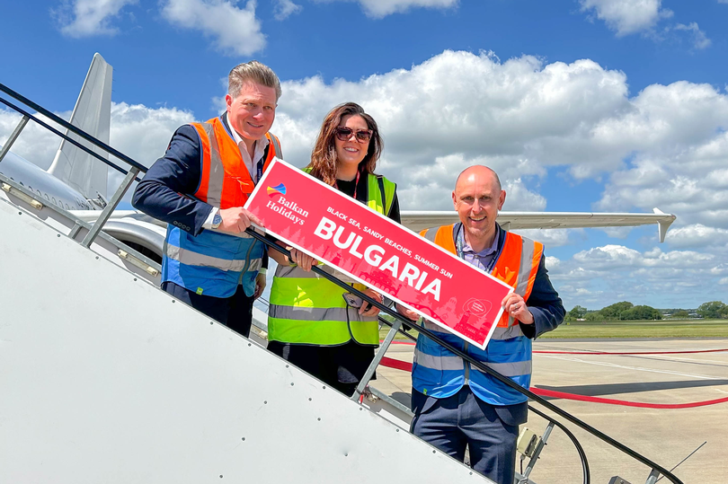 Nigel Mayes, Business Development Director at Southend Airport and Natasha Smith, Regional Sales Manager at Balkan Holidays at the launch of the new Bulgaria flight route