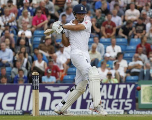 England's Alastair Cook hits a shot during day two of the second international Test cricket match between England and South Africa at Headingley Carnegie in Leeds. England were 48 for no wicket when bad light ended play with 22 overs still due to be bowled