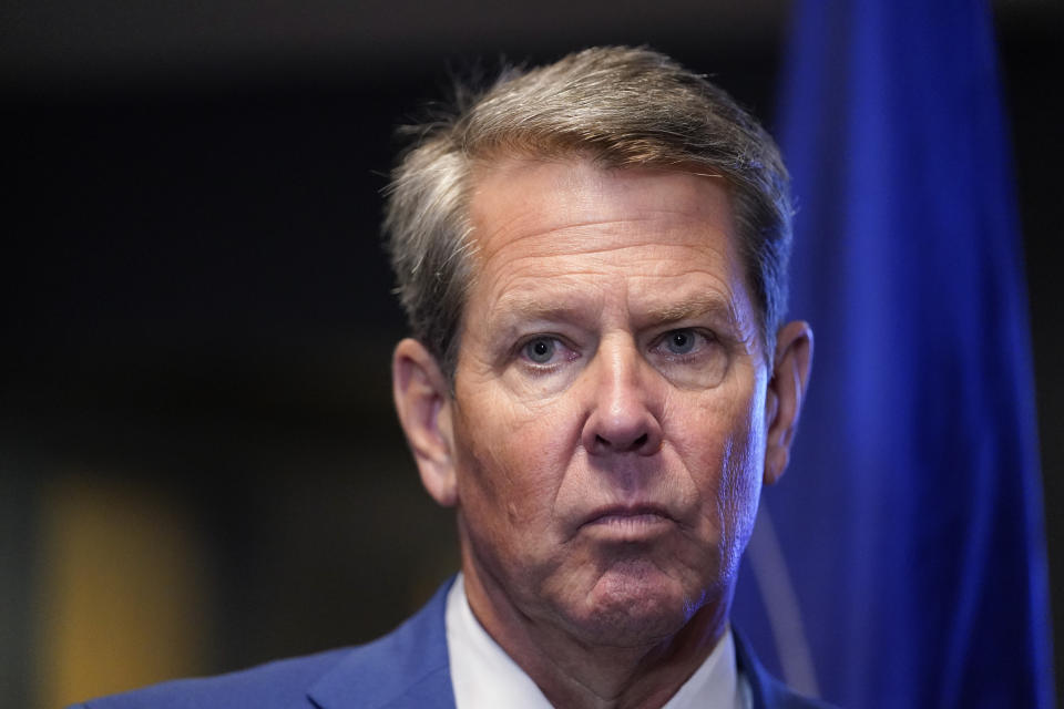 FILE - Georgia Gov. Brian Kemp speaks during a news conference, Aug. 26, 2021, in Marietta, Ga. Gov. Kemp and top Republican challenger David Perdue will meet Sunday, April 24, 2022 for the first of three scheduled debates over the next eight days. The debates come as time grows short to persuade the many Georgia voters who will cast ballots ahead of election day May 24. (AP Photo/Brynn Anderson, file)