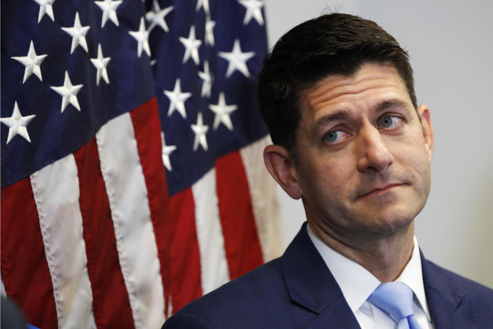 FILE - In this July 24, 2018 file photo, House Speaker Paul Ryan of Wis., attends a news conference following a GOP caucus meeting on Capitol Hill in Washington. As Ryan bows out of Congress, he leaves no obvious heir apparent. House Republicans are scrambling to salvage their majority but also confronting a potentially messy GOP leadership battle regardless of which party controls the chamber after the November election. (AP Photo/Jacquelyn Martin)