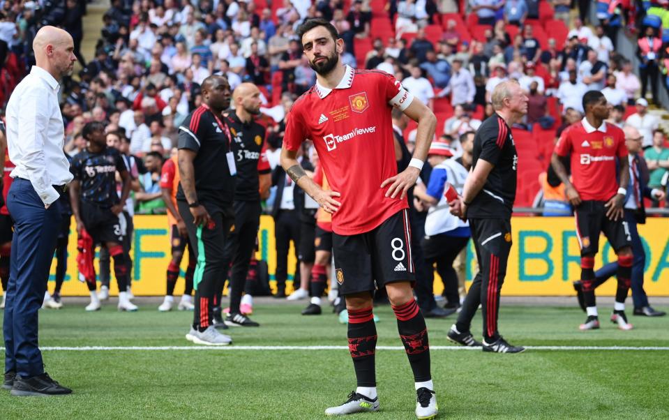 Bruno Fernandes of Manchester United looks dejected following the team's defeat in the Emirates FA Cup Final between Manchester City and Manchester United - Getty Images/Michael Regan 