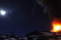 A photographer takes pictures of Italy's Mount Etna, Europe's tallest and most active volcano, spewing lava as it erupts on the southern island of Sicily November 17, 2013. There were no reports of damage or evacuations in the area and the nearby airport of Catania was operating as normal, local media reported. It is the 16th time that Etna has erupted in 2013. The south-eastern crater, formed in 1971, has been the most active in recent years. REUTERS/Antonio Parrinello (ITALY - Tags: ENVIRONMENT SOCIETY TPX IMAGES OF THE DAY)