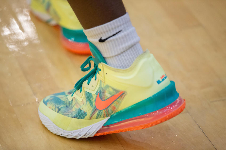 The Florida A&M University's men's basketball team wears a pair of Lebron James Nike basketball shoes during Rattler Mania at the Al Lawson Center Wednesday, Oct. 20, 2021.