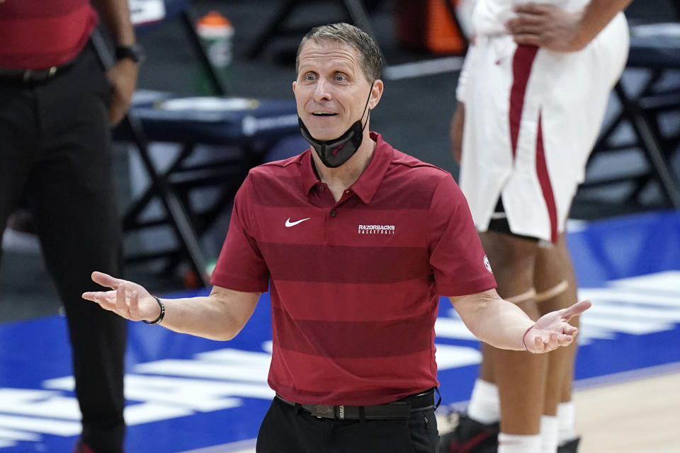 Arkansas head coach Eric Musselman reacts to a call in the second half of an NCAA college basketball game against Missouri in the Southeastern Conference Tournament Friday, March 12, 2021, in Nashville, Tenn. (AP Photo/Mark Humphrey)