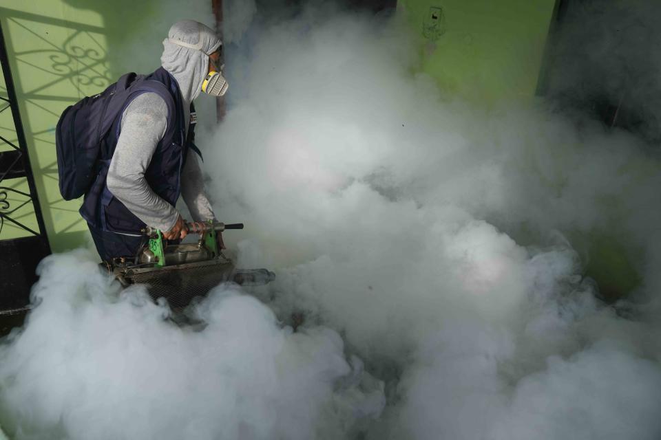 A health worker fumigates for mosquitoes inside a home to help mitigate the spread of dengue in the Las Penitas area of Talara, Peru, Friday, March 1, 2024. Peru declared a health emergency in most of its provinces on Feb. 26 due to a growing number of dengue cases. (AP Photo/Martin Mejia)