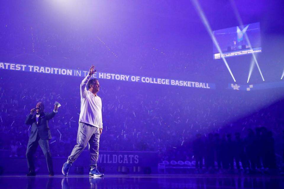 John Calipari greets the crowd during Big Blue Madness in 2019 in Rupp Arena.
