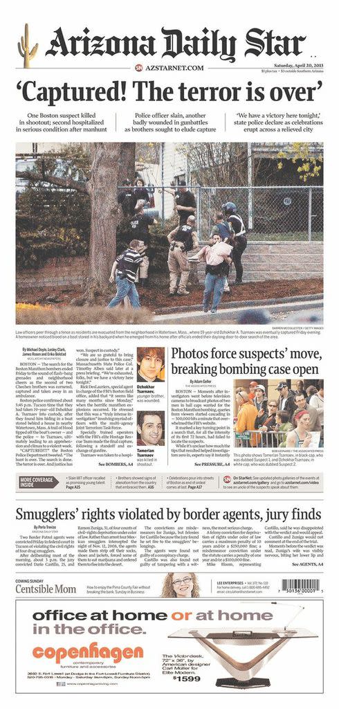 Newspaper covers of Boston bombing suspect's arrest