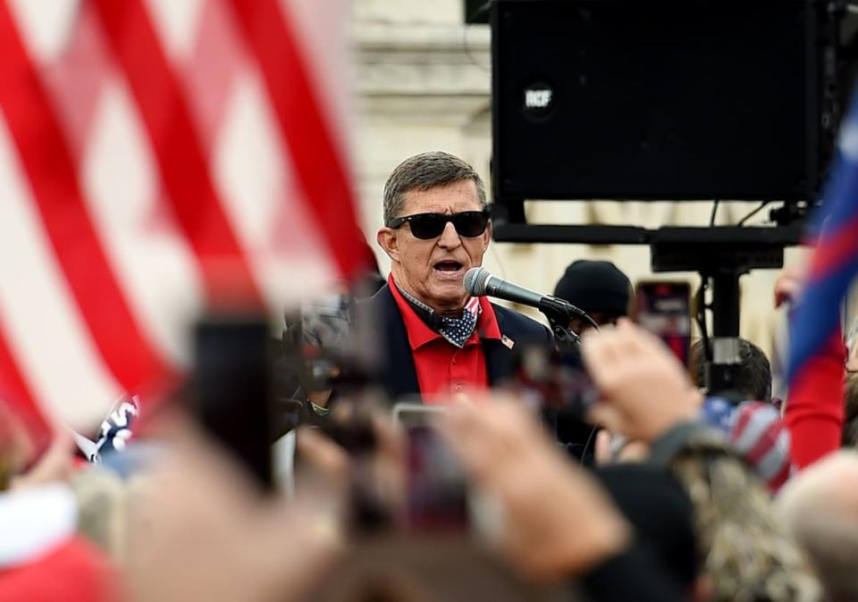 <div class="inline-image__caption"><p>Michael Flynn speaks to Trump supporters during the Million MAGA March to protest the outcome of the 2020 presidential election.</p></div> <div class="inline-image__credit">Olivier Douliery/AFP via Getty</div>