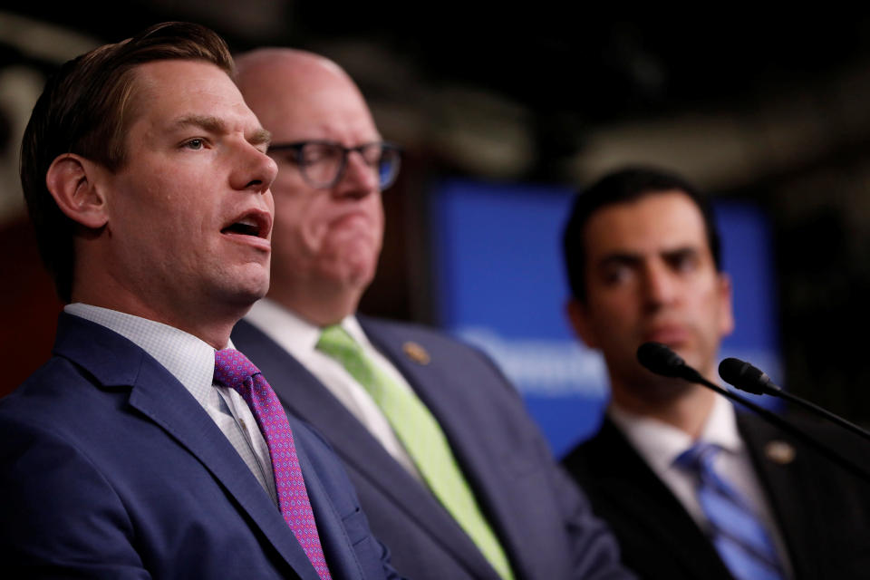 Rep. Eric Swalwell (D-CA) accompanied by Rep. Joe Crowley (D-NY) and Rep. Ruben Kihuen (D-NV), speaks about recent revelations about President Donald Trump&#39;s involvement with Russia on Capitol Hill in Washington, D.C., U.S. May 17, 2017.  REUTERS/Aaron P. Bernstein