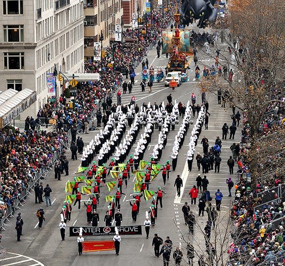 Center Grove High School's marching band performs during the Macy's Thanksgiving Day Parade in New York City, Nov. 27, 2014.