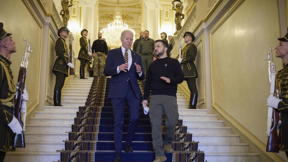 President Joe Biden, centre left, meets with Ukrainian President Volodymyr Zelenskyy at Mariinsky Palace during an unannounced visit in Kyiv, Ukraine, Monday, Feb. 20, 2023. (Ukrainian Presidential Press Office via AP)