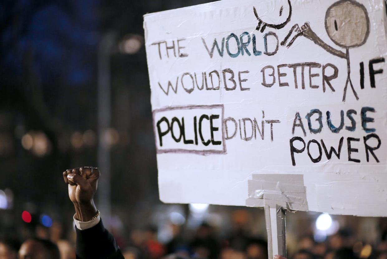 A sign held at a protest against police brutality on Jan. 28, 2023, in New York City. <a href="https://www.gettyimages.com/detail/news-photo/people-gather-to-protest-against-police-brutality-on-news-photo/1460361547?phrase=Tyre%20Memphis%20police&adppopup=true" rel="nofollow noopener" target="_blank" data-ylk="slk:Leonardo Munoz/VIEWpress;elm:context_link;itc:0;sec:content-canvas" class="link ">Leonardo Munoz/VIEWpress</a>