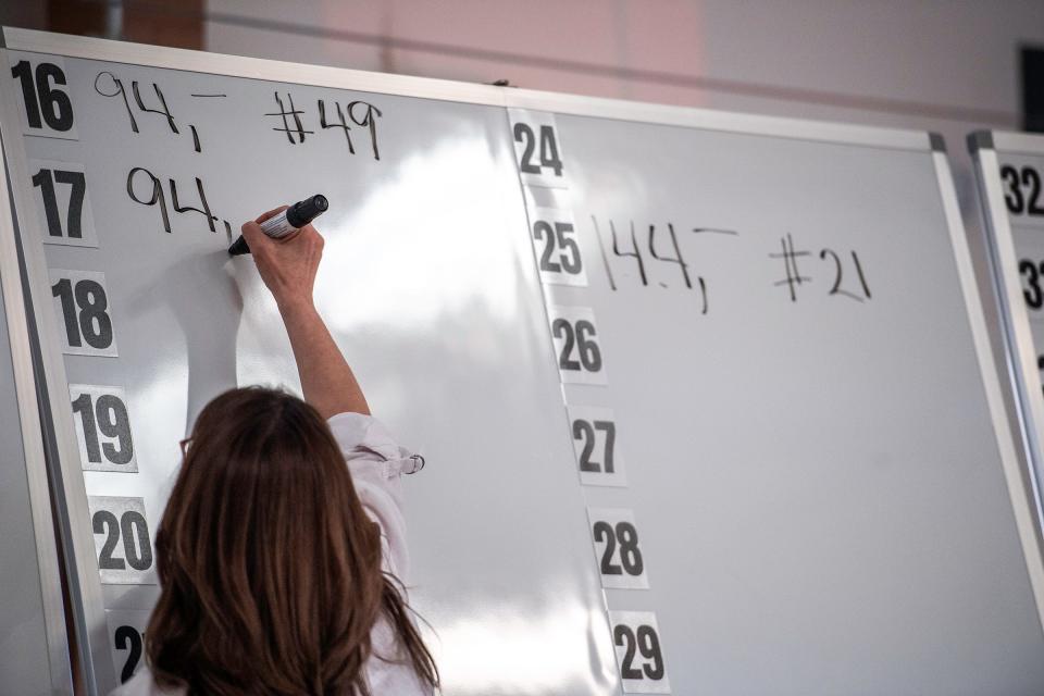 Units of water right shares are written on whiteboards during an auction at the Boulder County Fairgrounds in Longmont on Wednesday.