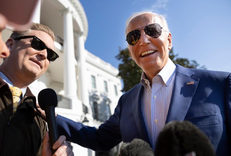 President Joe Biden answers a question from Fox News correspondent Peter Doocy  as he speaks to members of the media while departing the White House on November 09, 2023 in Washington, DC (Getty Images)