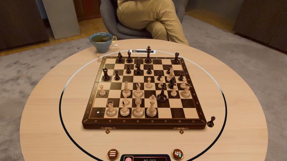 An image of the Game Room in VisionOS.  A virtual chessboard sits on a real table in a real environment with an opponent sitting in front of it.