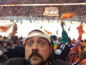 <p>Devils fan and Oilers supporter Kevin Smith watches Game 1 between Edmonton and the Ducks in Anaheim. (@ThatKevinSmith/Twitter) </p>