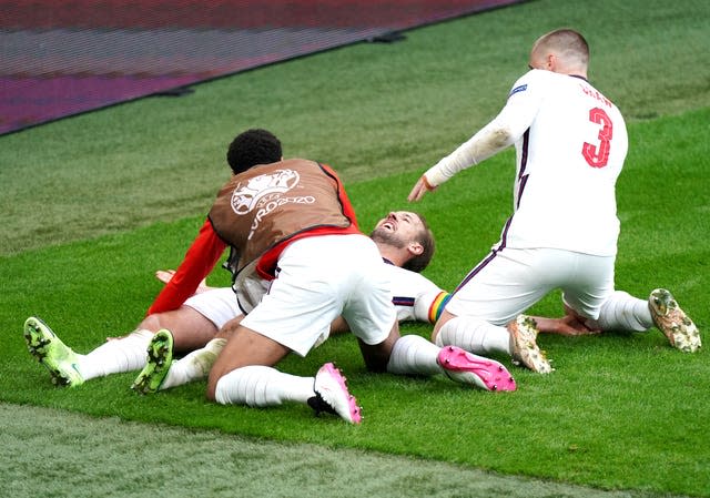 Kane (centre) was also on target in a memorable last-16 victory over Germany