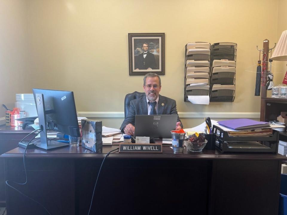 Del. William Wivell, chair of the Washington County delegation to the Maryland General Assembly, works in his office in Annapolis on March 29, 2023.