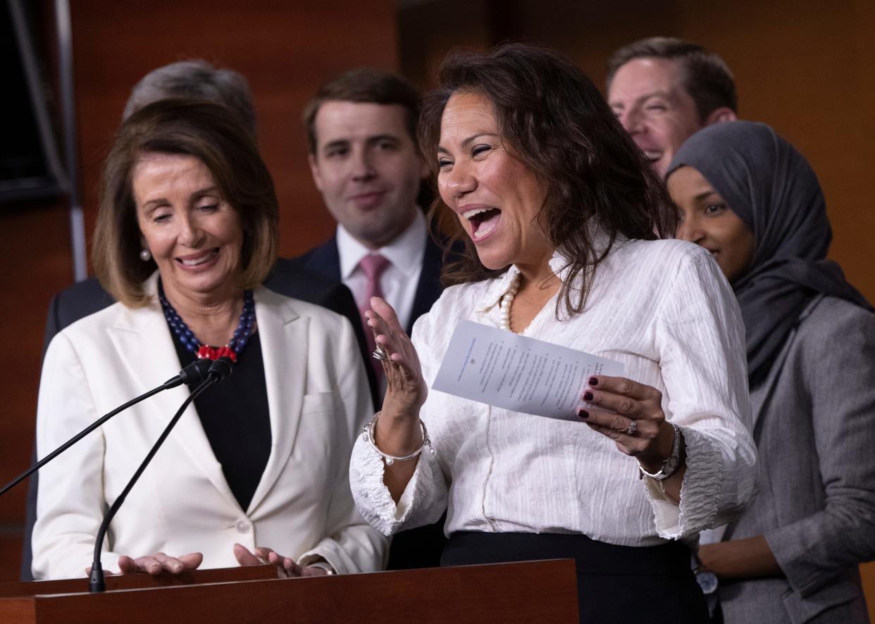 House Democratic leader Nancy Pelosi with Rep.-elect Veronica Escobar of Texas and other newly elected Democrats, Nov. 30, 2018, Washington, D.C.