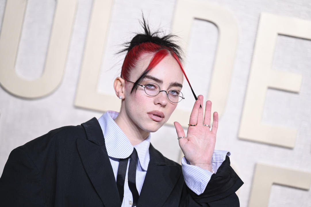 Billie Eilish arrives at the Golden Globe Awards in Beverly Hills, Calif., on Sunday. (Gilbert Flores/Golden Globes 2024 via Getty Images)